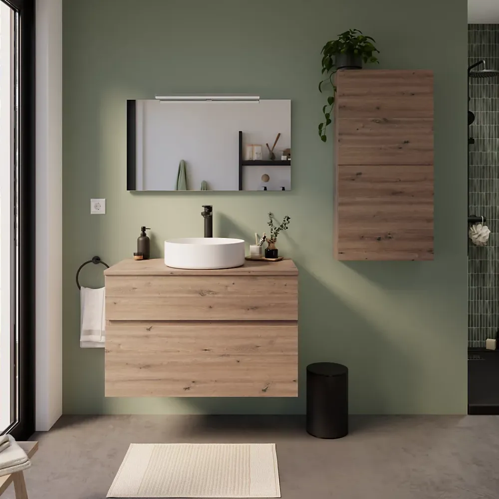 Meuble Buanderie|Meuble De Salle De Bains Faible Profondeur| Meuble vasque faible profondeur suspendu effet chêne artisan l.90 cm + plan de toilette, Calao