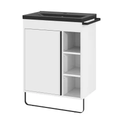 GoodHome Meuble vasque faible profondeur blanc avec porte-serviettes l.65 x H.82 x P.36 cm Maza + plan vasque céramique noir Nira,