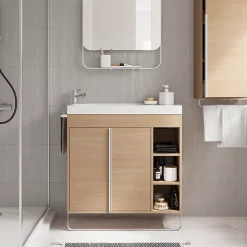 Meuble De Salle De Bains Faible Profondeur|Meuble Vasque|GoodHome Meuble vasque faible profondeur effet bois avec porte-serviettes l.85 x H.82 x P.36 cm + plan vasque résine, Maza