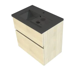 Cooke & Lewis Meuble vasque faible profondeur suspendu effet chêne l.60 cm + plan vasque noir en résine, Calao