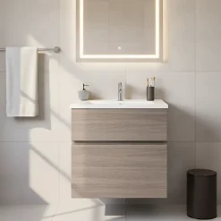 Cooke & Lewis Meuble vasque faible profondeur suspendu effet chêne clair l.60 cm + plan vasque blanc en résine, Calao