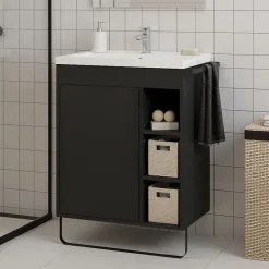 GoodHome Meuble vasque faible profondeur noir avec porte-serviettes l.65 x H.82 x P.36 cm Maza + plan vasque blanc céramique Nira,