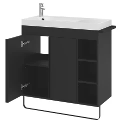 Meuble De Salle De Bains Faible Profondeur|Meuble Vasque|GoodHome Meuble vasque faible profondeur noir avec porte-serviettes l.85 x H.82 x P.36 cms + plan vasque blanc résine, Maza