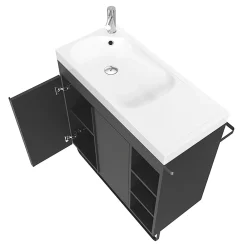 Meuble De Salle De Bains Faible Profondeur|Meuble Vasque|GoodHome Meuble vasque faible profondeur noir avec porte-serviettes l.85 x H.82 x P.36 cms + plan vasque blanc résine, Maza