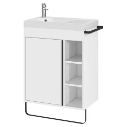 Meuble Vasque|Meuble De Salle De Bains Faible Profondeur|GoodHome Meuble vasque faible profondeur blanc avec porte-serviettes l.65 x H.82 x P.36 cm + plan vasque résine blanc, Maza