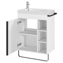 Meuble Vasque|Meuble De Salle De Bains Faible Profondeur|GoodHome Meuble vasque faible profondeur blanc avec porte-serviettes l.65 x H.82 x P.36 cm + plan vasque résine blanc, Maza
