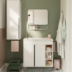 GoodHome Meuble vasque faible profondeur blanc avec porte-serviettes l.85 x H.82 x P.36 cm + plan vasque résine blanc, Maza