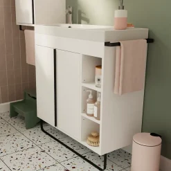 GoodHome Meuble vasque faible profondeur blanc avec porte-serviettes l.85 x H.82 x P.36 cm + plan vasque résine blanc, Maza