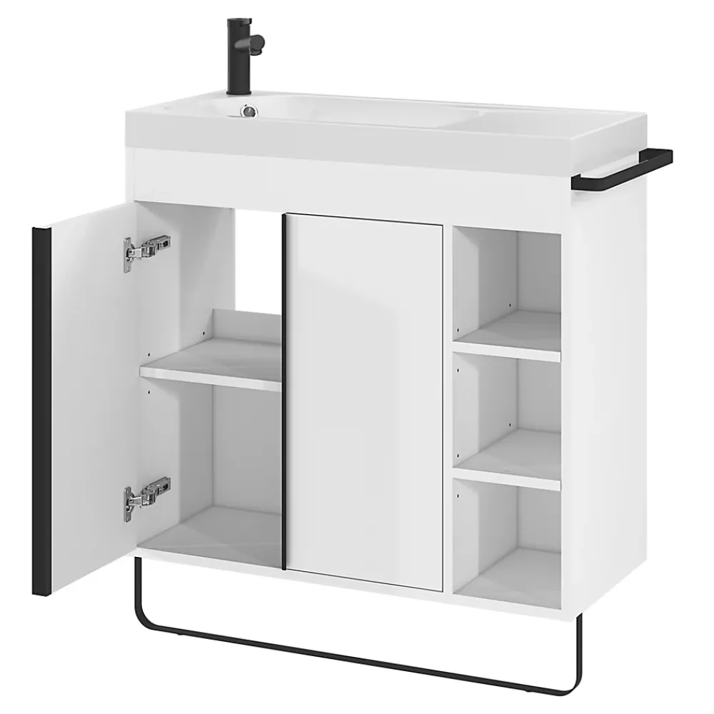 GoodHome Meuble vasque faible profondeur blanc avec porte-serviettes l.85 x H.82 x P.36 cm + plan vasque résine blanc, Maza
