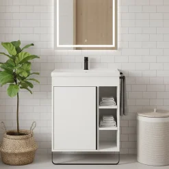 GoodHome Meuble vasque faible profondeur blanc avec porte-serviettes l.65 x H.82 x P.36 cm Maza + plan vasque céramique blanc Nira,