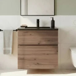 Meuble vasque faible profondeur suspendu effet chêne artisan l.60 cm + plan vasque noir en résine, Calao