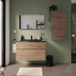 Meuble De Salle De Bains Faible Profondeur|Meuble Vasque| Meuble vasque faible profondeur suspendu effet chêne artisan l.90 cm + plan vasque noir en résine, Calao