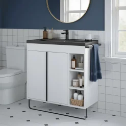 Meuble De Salle De Bains Faible Profondeur|GoodHome Meuble vasque faible profondeur blanc avec porte-serviettes l.85 x H.82 x P.36 cm Maza + plan vasque céramique noir Nira,