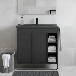 Meuble De Salle De Bains Faible Profondeur|Meuble Vasque|GoodHome Meuble vasque faible profondeur noir avec porte-serviettes l.85 x H.82 x P.36 cm Maza + plan vasque noir céramique Nira,