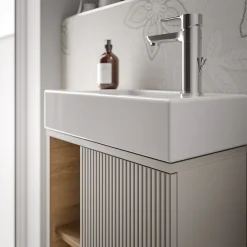 Lave-Mains|Bernstein Meuble vasque Gris soie de salle de bain 55x24x59cm (LxPxH) 1 porte à droite + 2 cases rangement - BELDIVO