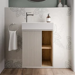 Bernstein Meuble vasque Gris soie de salle de bain 55x24x59cm (LxPxH) 1 porte à gauche + 2 cases rangement - BELDIVO
