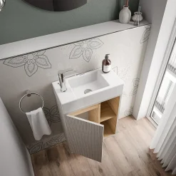 Bernstein Meuble vasque Gris soie de salle de bain 55x24x59cm (LxPxH) 1 porte à gauche + 2 cases rangement - BELDIVO