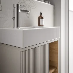 Bernstein Meuble vasque Gris soie de salle de bain 55x24x59cm (LxPxH) 1 porte à gauche + 2 cases rangement - BELDIVO