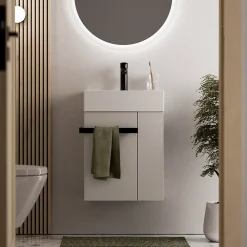 Bernstein Meuble vasque lave-main Blanc mat 45x35x50cm (LxPxH) 1 tiroir + rangement droite + poignée Noir mat - COMPACT450