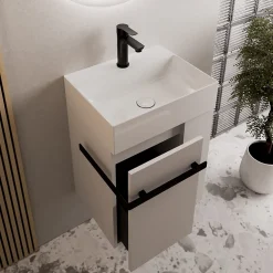 Bernstein Meuble vasque lave-main Blanc mat 45x35x50cm (LxPxH) 1 tiroir + rangement droite + poignée Noir mat - COMPACT450