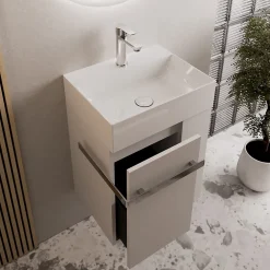 Bernstein Meuble vasque lave-main Blanc mat 45x35x50cm (LxPxH) 1 tiroir + rangement droite + poignée Chrome - COMPACT450