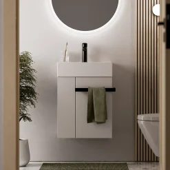 Bernstein Meuble vasque lave-main Blanc mat 45x35x50cm (LxPxH) 1 tiroir + rangement gauche + poignée Noir mat - COMPACT450