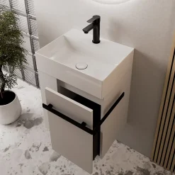 Bernstein Meuble vasque lave-main Blanc mat 45x35x50cm (LxPxH) 1 tiroir + rangement gauche + poignée Noir mat - COMPACT450
