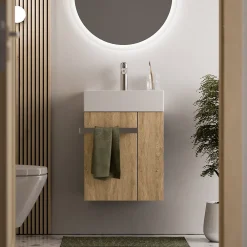 Bernstein Meuble vasque lave-main Chêne miel 45x35x50cm (LxPxH) 1 tiroir + rangement droite + poignée Chrome - COMPACT450