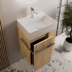 Bernstein Meuble vasque lave-main Chêne miel 45x35x50cm (LxPxH) 1 tiroir + rangement droite + poignée Chrome - COMPACT450
