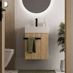 Lave-Mains|Bernstein Meuble vasque lave-main Chêne miel 45x35x50cm (LxPxH) 1 tiroir + rangement droite + poignée Noir mat - COMPACT450