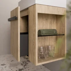 Lave-Mains|Bernstein Meuble vasque lave-main Chêne miel 45x35x50cm (LxPxH) 1 tiroir + rangement droite + poignée Noir mat - COMPACT450