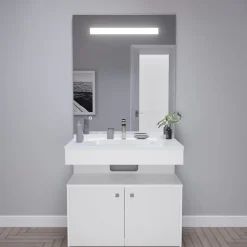 Ensemble Meuble De Salle De Bains|Cuisibane Meuble vasque PMR EPURE 90 cm avec miroir led Elégance et caisson roulant - Blanc brillant