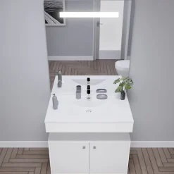 Ensemble Meuble De Salle De Bains|Cuisibane Meuble vasque PMR EPURE 90 cm avec miroir led Elégance et caisson roulant - Blanc brillant