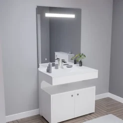 Ensemble Meuble De Salle De Bains|Cuisibane Meuble vasque PMR EPURE 90 cm avec miroir led Elégance et caisson roulant - Blanc brillant