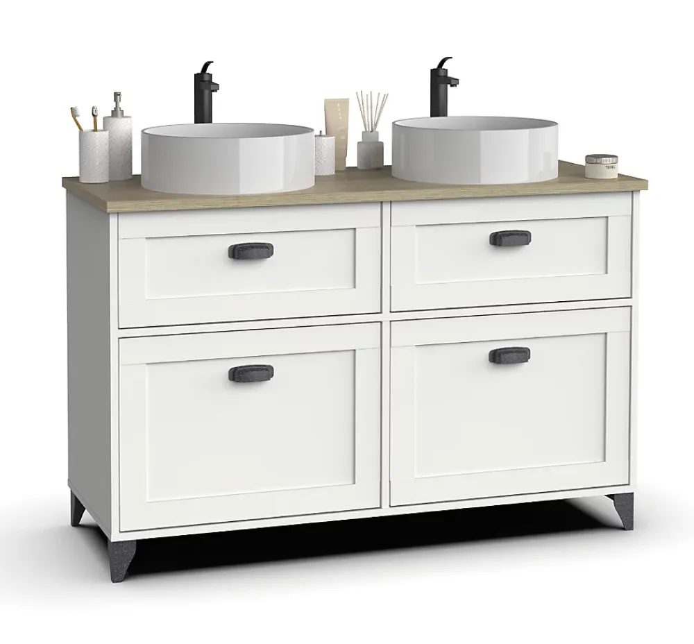 Meuble Sous-Vasque|Pegane Meuble vasque pour salle de bain coloris blanc, chêne cambrian - Longueur 120 x Profondeur 47 x hauteur 80 cm