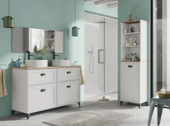 Meuble Sous-Vasque|Pegane Meuble vasque pour salle de bain coloris blanc, chêne cambrian - Longueur 120 x Profondeur 47 x hauteur 80 cm