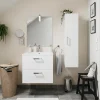 Ensemble Meuble De Salle De Bains|Meuble Vasque| Meuble vasque suspendu blanc l.60 cm + plan vasque en céramique + miroir éclairant, Opah