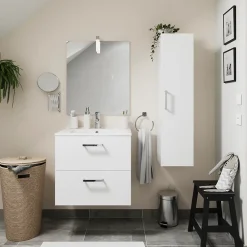 Ensemble Meuble De Salle De Bains|Meuble Vasque| Meuble vasque suspendu blanc l.60 cm + plan vasque en céramique + miroir éclairant, Opah