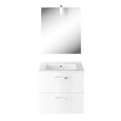 Ensemble Meuble De Salle De Bains|Meuble Vasque| Meuble vasque suspendu blanc l.60 cm + plan vasque en céramique + miroir éclairant, Opah