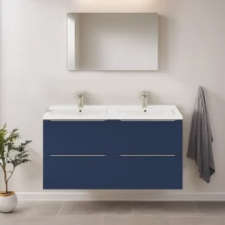 Meuble Vasque|GoodHome Meuble vasque suspendu bleu nuit mat l.120 cm Imandra + plan double vasque blanc céramique Nira,
