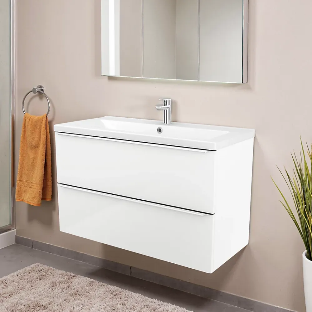 Meuble Vasque|GoodHome Meuble vasque suspendu blanc brillant l.80 cm Imandra + plan vasque blanc céramique Nira,