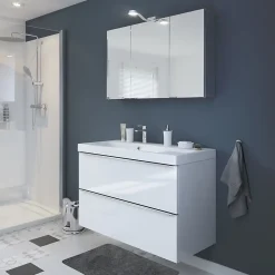 Meuble Vasque|GoodHome Meuble vasque suspendu blanc brillant l.80 cm Imandra + plan vasque blanc céramique Nira,
