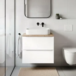 Meuble Buanderie|GoodHome Meuble vasque suspendu blanc brillant l.60 cm Imandra + plan de toilette chêne massif Hartland,