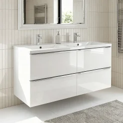 Meuble Vasque|GoodHome Meuble vasque suspendu blanc brillant l.120 cm Imandra + plan double vasque blanc résine Mila,