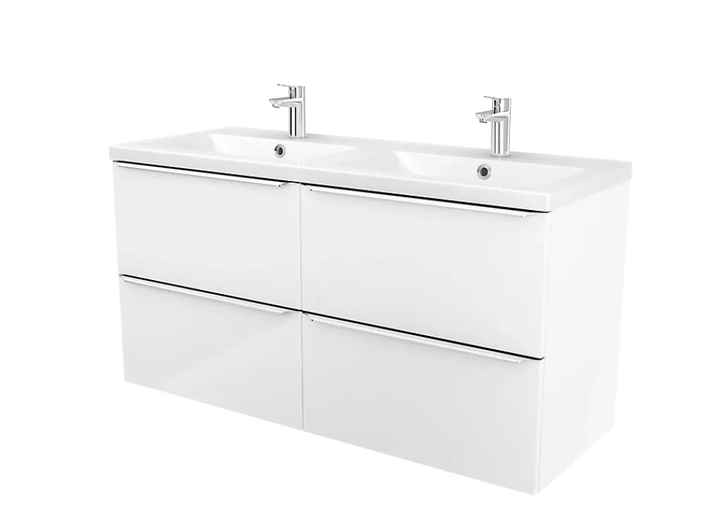 Meuble Vasque|GoodHome Meuble vasque suspendu blanc brillant l.120 cm Imandra + plan double vasque blanc résine Mila,