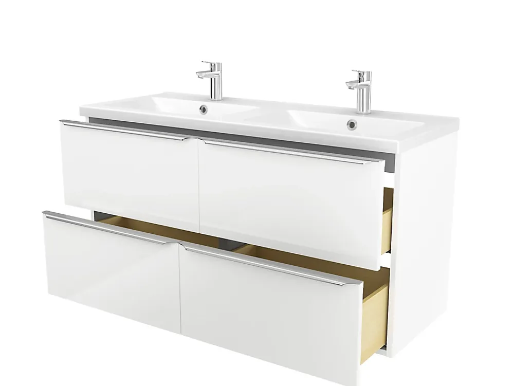 Meuble Vasque|GoodHome Meuble vasque suspendu blanc brillant l.120 cm Imandra + plan double vasque blanc résine Mila,