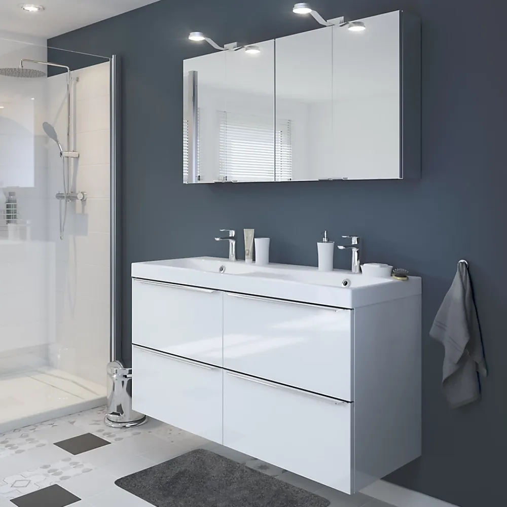 Meuble Vasque|GoodHome Meuble vasque suspendu blanc brillant l.120 cm Imandra + plan double vasque blanc résine Mila,