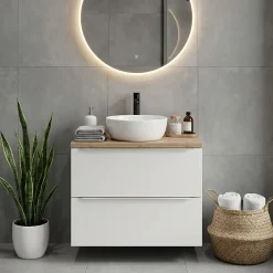 Meuble Vasque|Meuble Buanderie|GoodHome Meuble vasque suspendu blanc brillant l.80 cm Imandra + plan de toilette effet chêne,