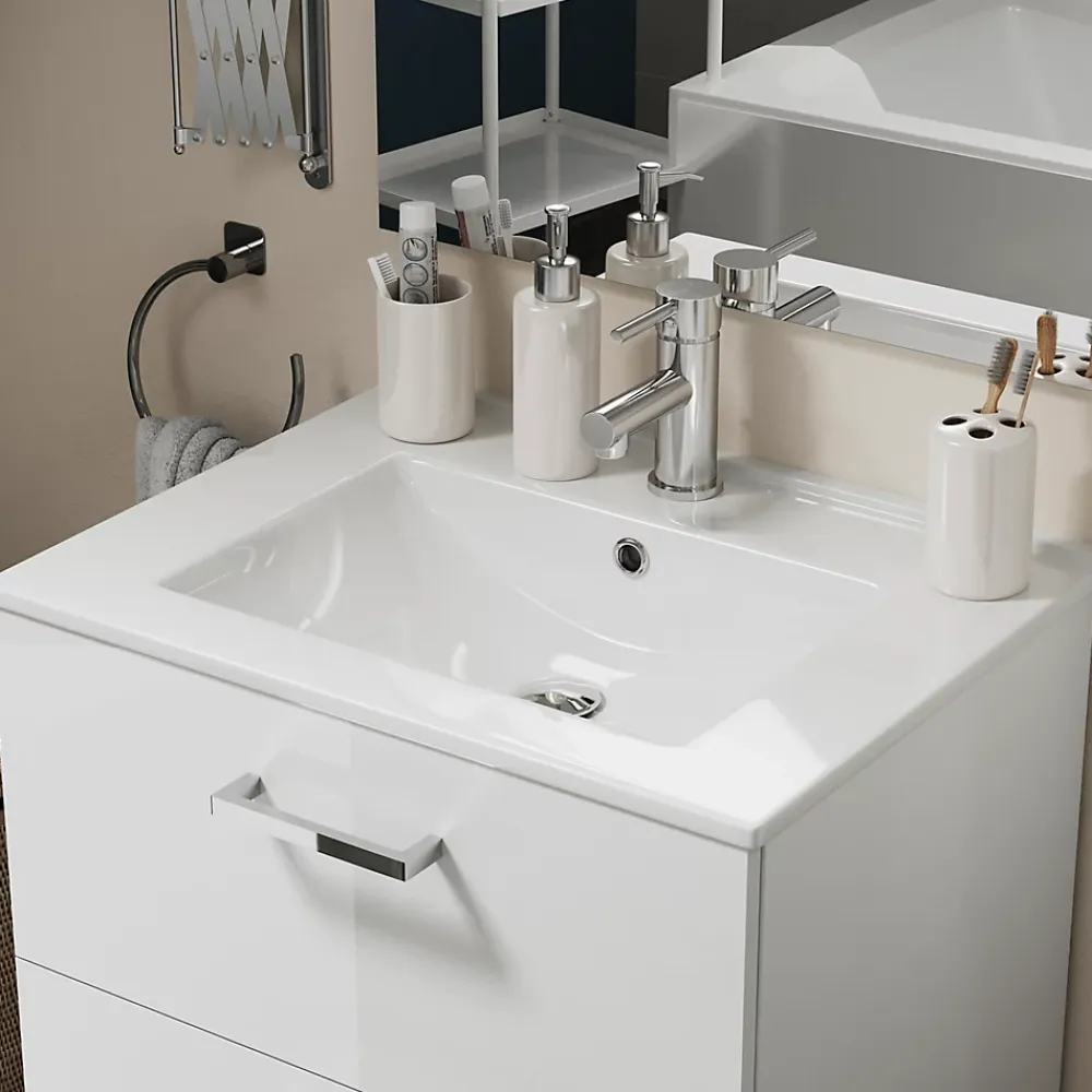 Meuble Vasque| Meuble vasque suspendu blanc l.60 cm + plan vasque en céramique, Opah