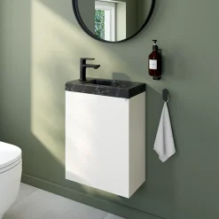 Lave-Mains|Homesight Meuble vasque suspendu blanc mat l.44 cm Imandra + plan vasque effet marbre noir, GoodHome